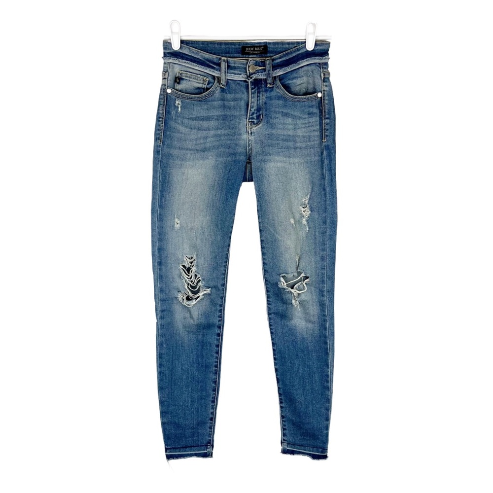 Judy Blue Jeans Skinny Mid Rise Cropped Raw Hem Distressed Size 1 / 25 JB82357MD
